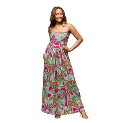 24seven Comfort Apparel Women's Pink Paisley A Line Strapless Maxi Dress With Pockets In Multi