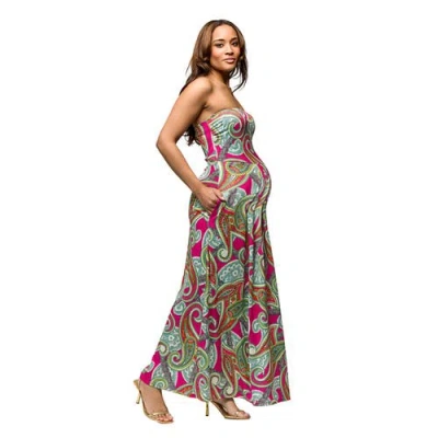 24seven Comfort Apparel Women's Pink Paisley A Line Strapless Maxi Dress With Pockets In Multi