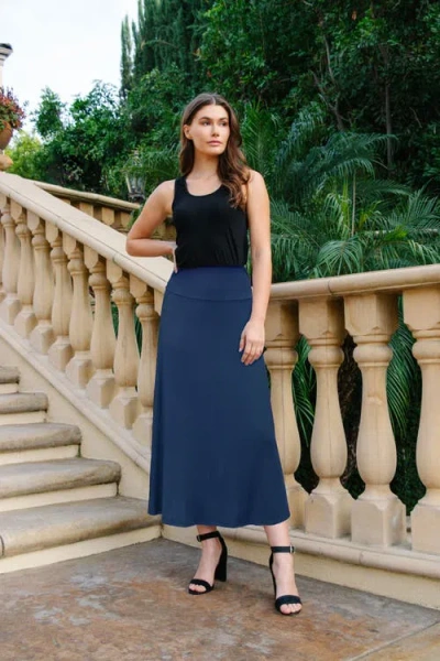 24seven Comfort Apparel Petites Elastic Waist Solid Color Maxi Skirt In Blue