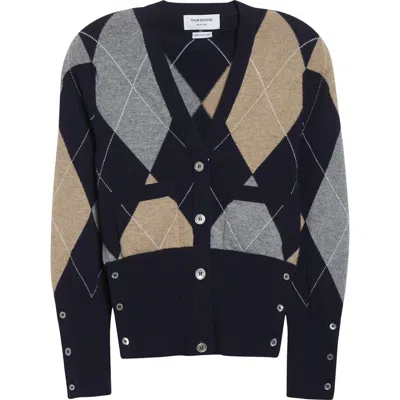 Thom Browne Navy Argyle Intarsia Cashmere V Neck Cardigan In Multi