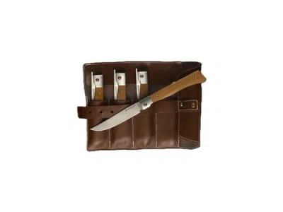 Messermeister Folding Steak Knife 4 Piece Set With Leather Roll In Brown