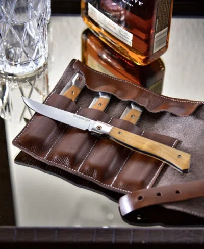 Messermeister Folding Steak Knife 4 Piece Set With Leather Roll In Brown