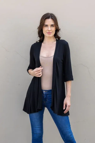 24seven Comfort Apparel Open Front Elbow Length Sleeve Cardigan In Black