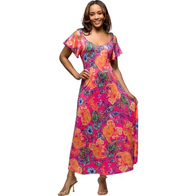 24seven Comfort Apparel Women's Pink Paisley Cold Sholder Ruffle Sleeve A Line Maxi Dress