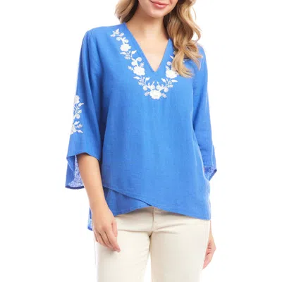 Karen Kane Bracelet Sleeve Embroidered Asymmetric Top In Cornflower Blue In Blue