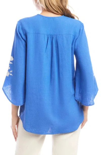 Karen Kane Bracelet Sleeve Embroidered Asymmetric Top In Cornflower Blue In Blue