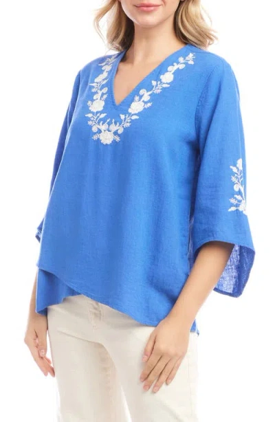Karen Kane Bracelet Sleeve Embroidered Asymmetric Top In Cornflower Blue In Blue