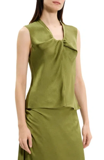 Theory Twist Neck Blouse In Crushed Satin In Green