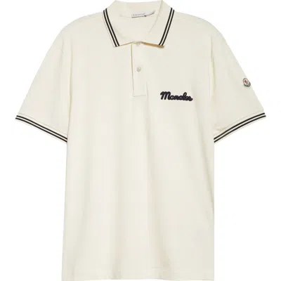 Moncler Mens Logo-embroidery Stripe-trim Cotton-jersey Polo Shirt Cream In Neutral