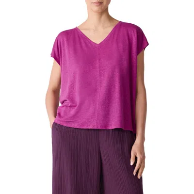 Eileen Fisher V-neck Organic Linen T-shirt In Pink