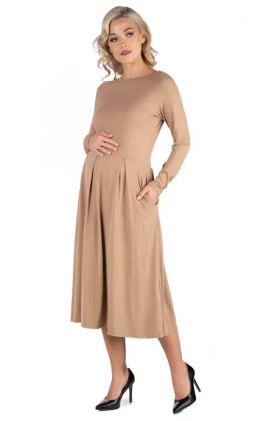 24seven Comfort Apparel Maternity Midi Length Fit And Flare Pocket Dress