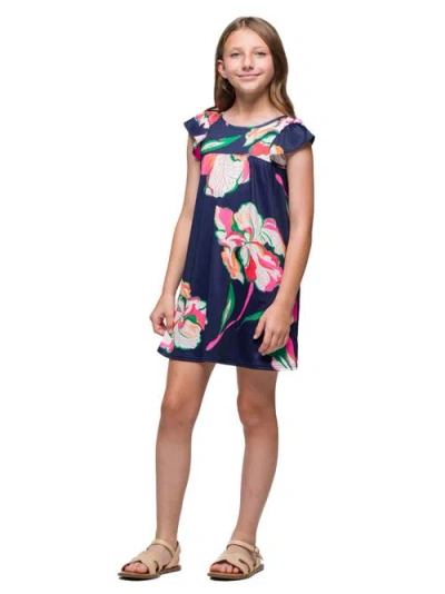 24sevenkid Navy Blue Floral Print Cap Sleeve Babydoll Dress In Blue