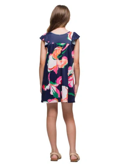 24sevenkid Navy Blue Floral Print Cap Sleeve Babydoll Dress In Blue