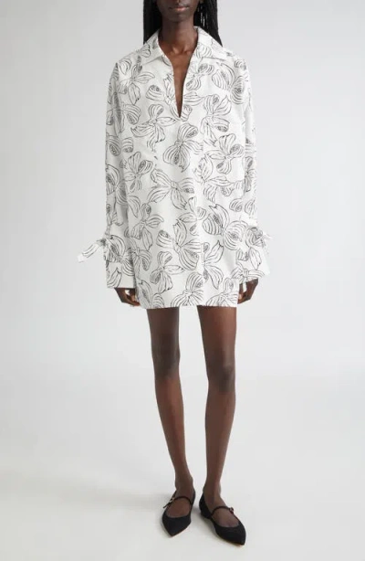 Max Mara Sansa Bow Print Long Sleeve Cotton Poplin Minidress In Neutral