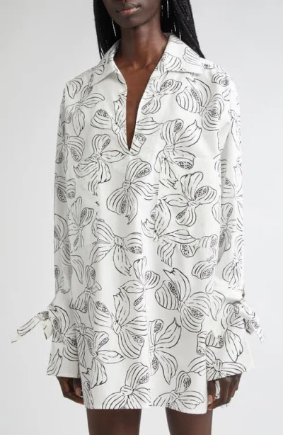 Max Mara Sansa Bow Print Long Sleeve Cotton Poplin Minidress In Neutral