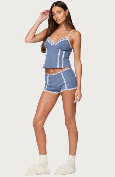 Edikted Eliane Contrast Lace Micro Shorts In Blue