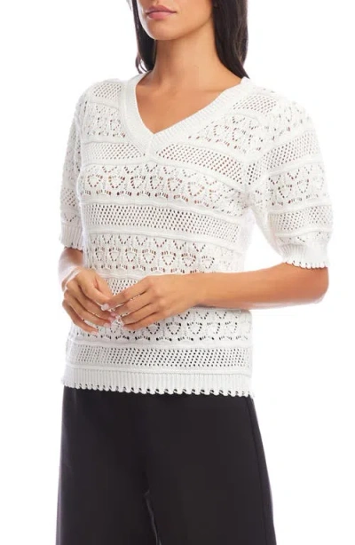 Karen Kane Open Stitch Short Sleeve Cotton Sweater In White