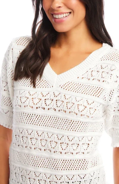 Karen Kane Open Stitch Short Sleeve Cotton Sweater In White