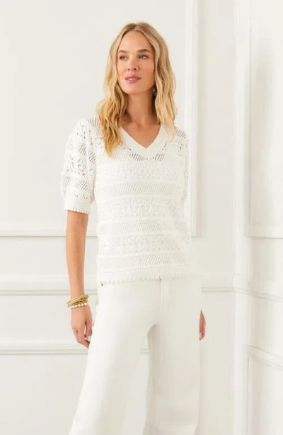 Karen Kane Open Stitch Short Sleeve Cotton Sweater In White