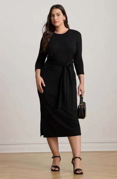 Ralph Lauren Lauren  Tie Waist Rib Cotton Blend Midi Dress In Black