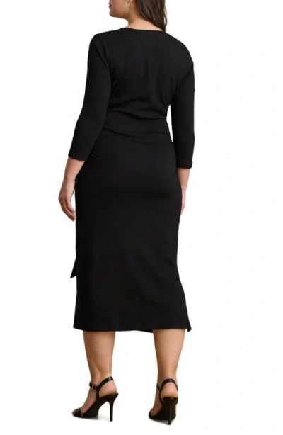 Ralph Lauren Lauren  Tie Waist Rib Cotton Blend Midi Dress In Black