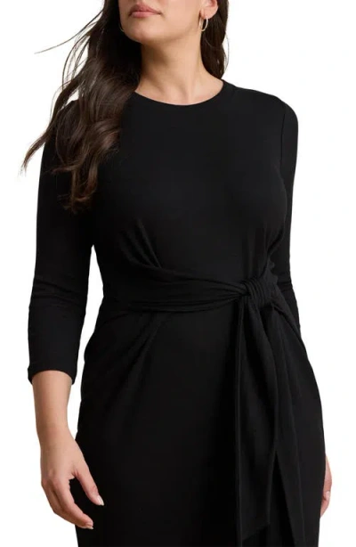Ralph Lauren Lauren  Tie Waist Rib Cotton Blend Midi Dress In Black