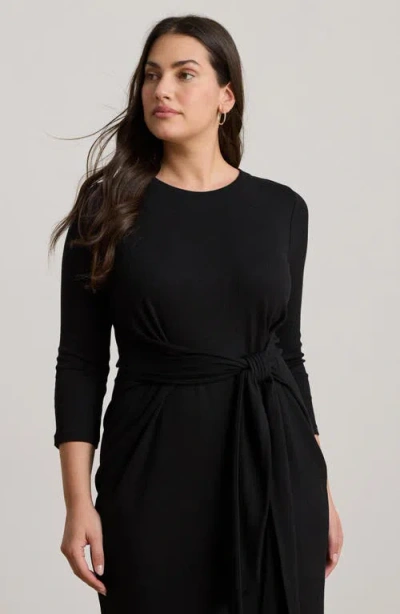 Ralph Lauren Lauren  Tie Waist Rib Cotton Blend Midi Dress In Black