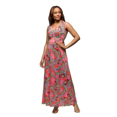 24seven Comfort Apparel Maternity Pink Paisley Print V-neck Empire Waist Sleeveless Maxi Dress In Pink