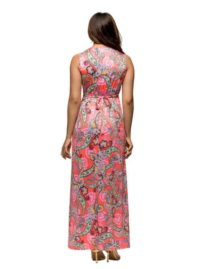 24seven Comfort Apparel Maternity Pink Paisley Print V-neck Empire Waist Sleeveless Maxi Dress In Pink