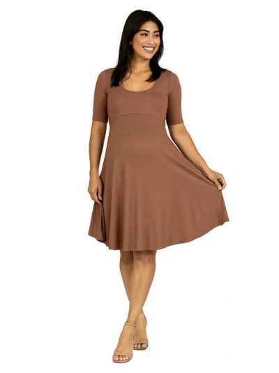 24seven Comfort Apparel Maternity Knee Length A-line Elbow Sleeve Dress In Brown