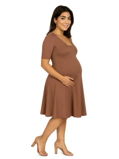 24seven Comfort Apparel Maternity Knee Length A-line Elbow Sleeve Dress In Brown