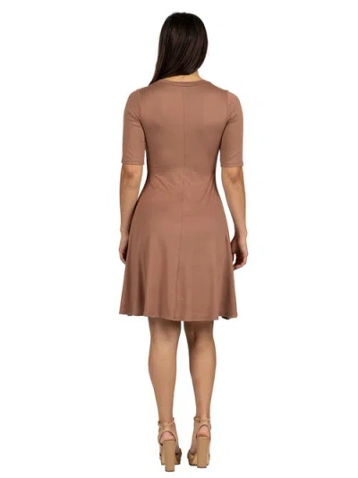 24seven Comfort Apparel Maternity Knee Length A-line Elbow Sleeve Dress In Brown