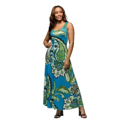 24seven Comfort Apparel Maternity Blue Paisley Print Scoop Neck A-line Sleeveless Maxi Dress