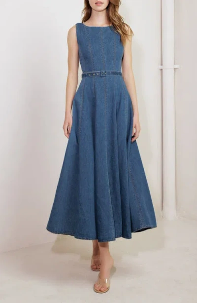 Freemarket Belted Seamed Denim Flare Maxi Dress