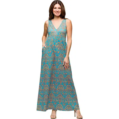 24seven Comfort Apparel Maternity Sky Blue Sleeveless V-neck Maxi Dress With Pockets In Blue