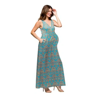 24seven Comfort Apparel Maternity Sky Blue Sleeveless V-neck Maxi Dress With Pockets In Blue