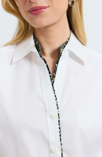 Foxcroft Marlee Leopard Trim Cotton Blend Button-up Shirt In White