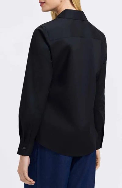 Foxcroft Marlee Leopard Trim Cotton Blend Button-up Shirt In Black