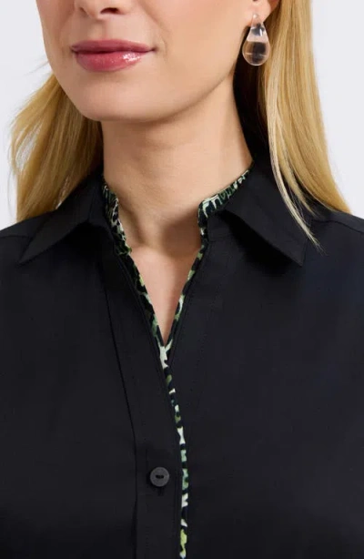 Foxcroft Marlee Leopard Trim Cotton Blend Button-up Shirt In Black