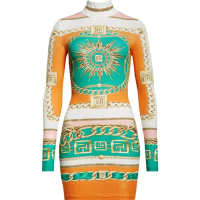 Balmain Foulard Print Long Sleeve Body-con Minidress In Multi