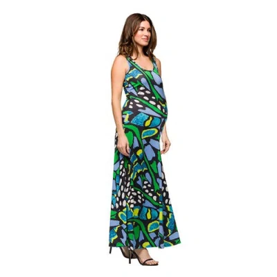 24seven Comfort Apparel Maternity Blue Butterfly Print Scoop Neck A-line Sleeveless Maxi Dress
