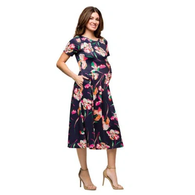 24seven Comfort Apparel Maternity Navy Floral Short Sleeve Pleated Flare Midi Pocket Dress