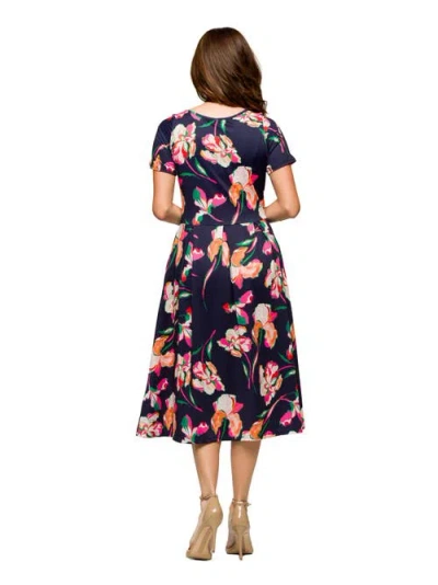 24seven Comfort Apparel Maternity Navy Floral Short Sleeve Pleated Flare Midi Pocket Dress