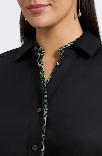 Foxcroft Marlee Leopard Trim Cotton Blend Button-up Shirt In Black