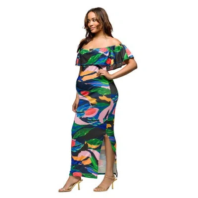 24seven Comfort Apparel Maternity Off Shoulder Multicolor Print Side Slit Maxi Dress In Multi