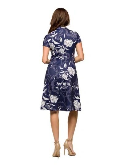 24seven Comfort Apparel Maternity Navy Print Short Sleeve Knee Length V-neck Wrap Dress In Blue