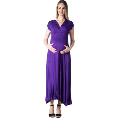 24seven Comfort Apparel Maternity Cap Sleeve V-neck Maxi Dress In Purple