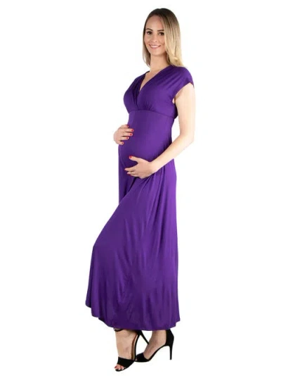 24seven Comfort Apparel Maternity Cap Sleeve V-neck Maxi Dress In Purple