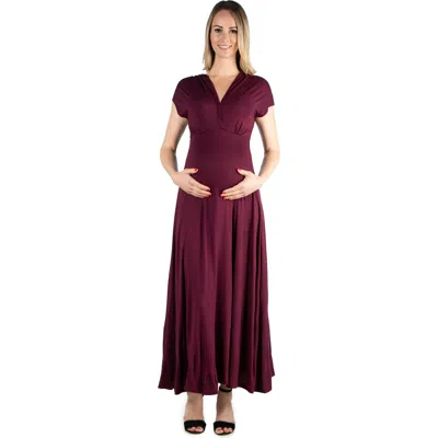 24seven Comfort Apparel Maternity Cap Sleeve V-neck Maxi Dress In Burgundy