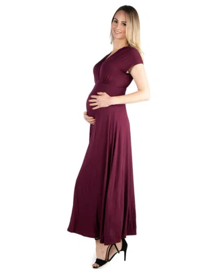 24seven Comfort Apparel Maternity Cap Sleeve V-neck Maxi Dress In Burgundy